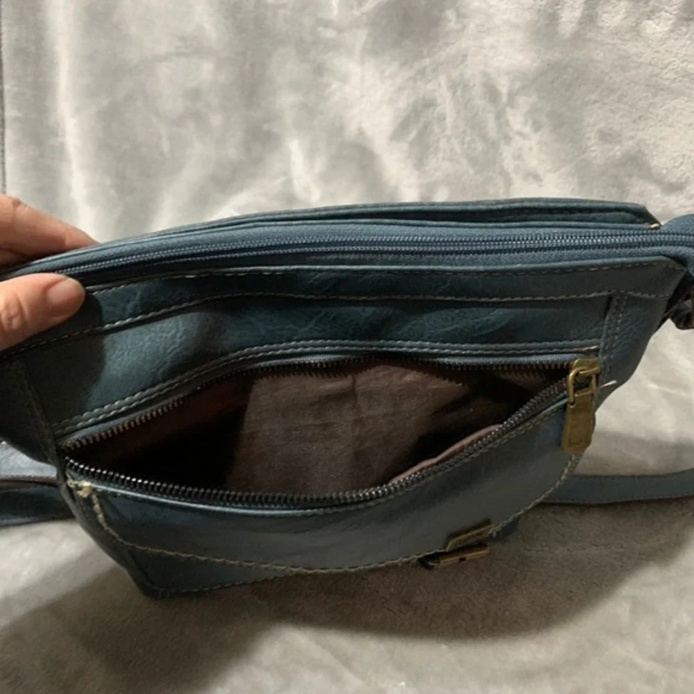 BOC Concepts Teal‎ Blue Faux Leather Crossbody Bag Adjustable Strap Zip Pockets